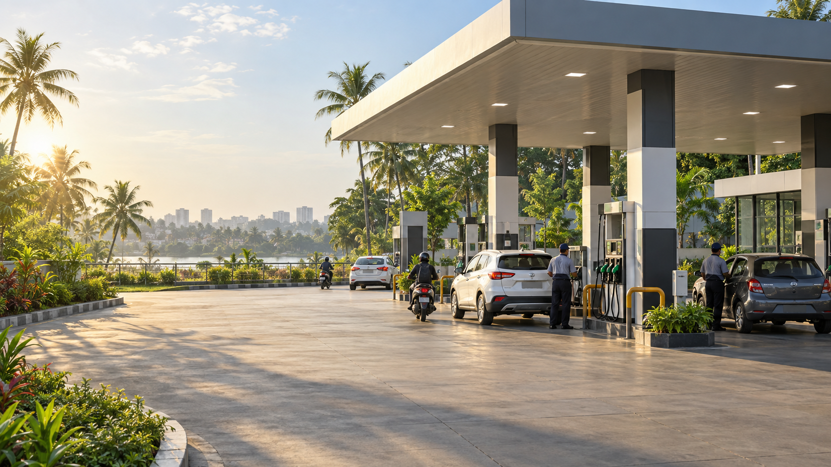 Synthetic editorial view of a fictional Indian mobility forecourt with cars and two-wheelers